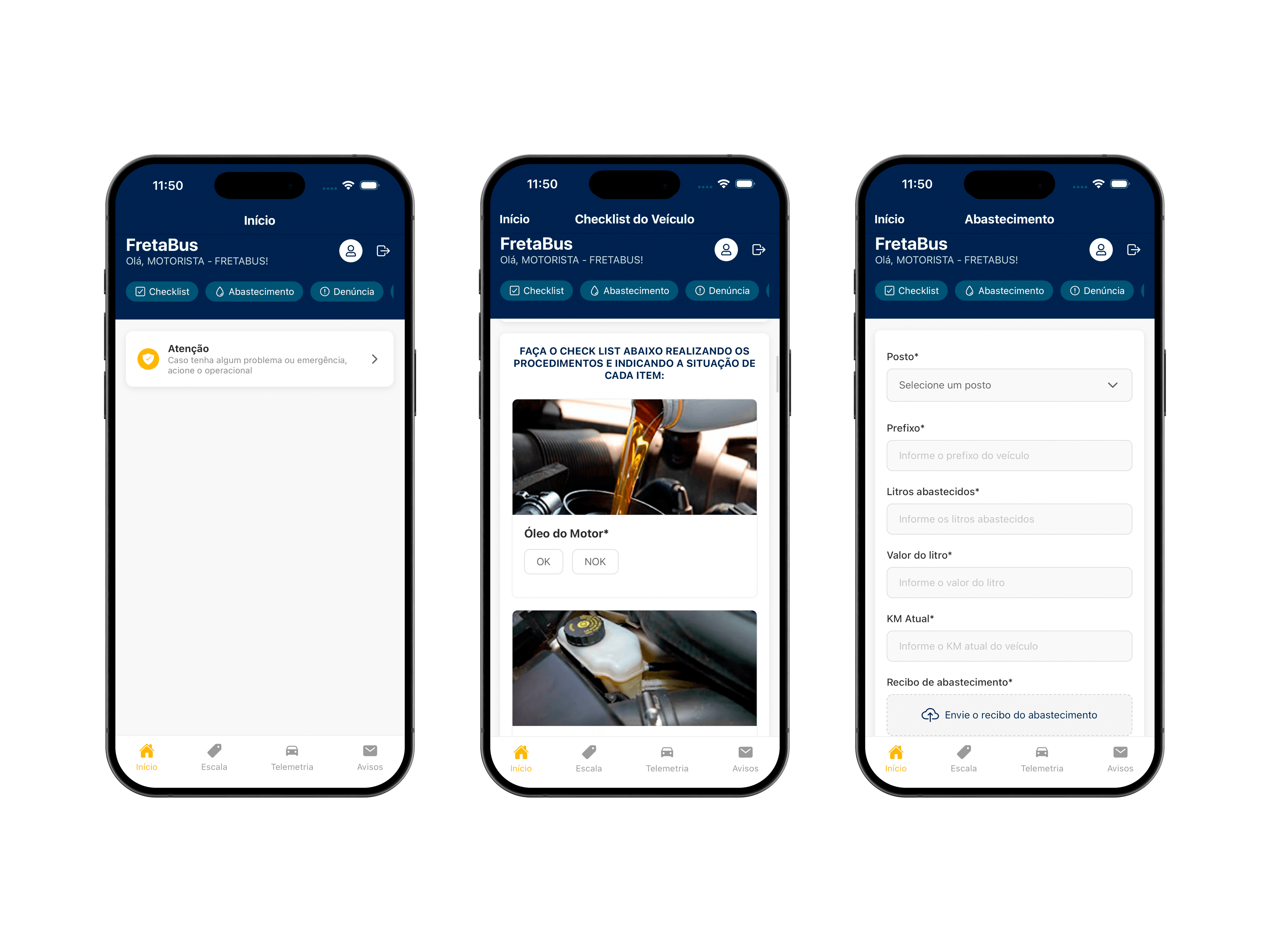 Aplicativo FretaBus Motorista com checklist diário.