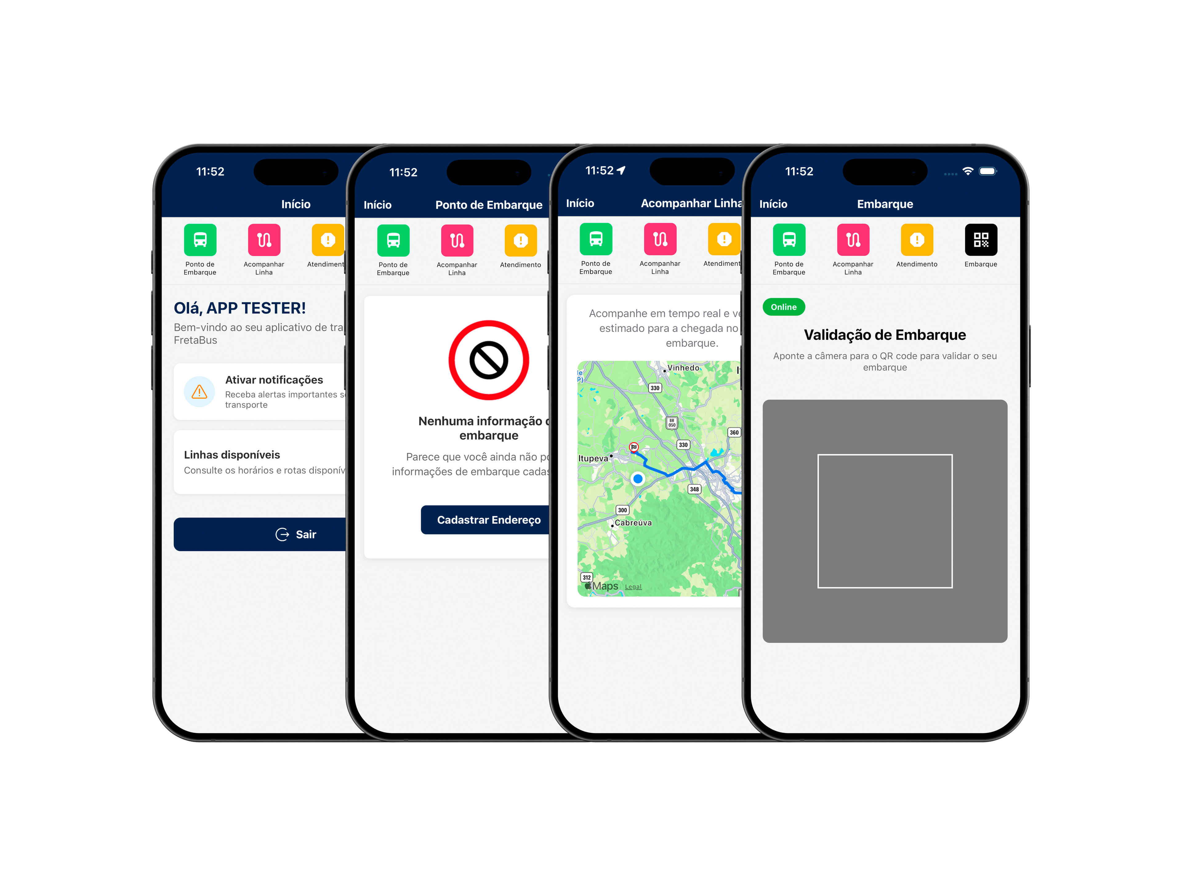 App FretaBus Passageiro com acompanhamento de linhas e validação de embarque.