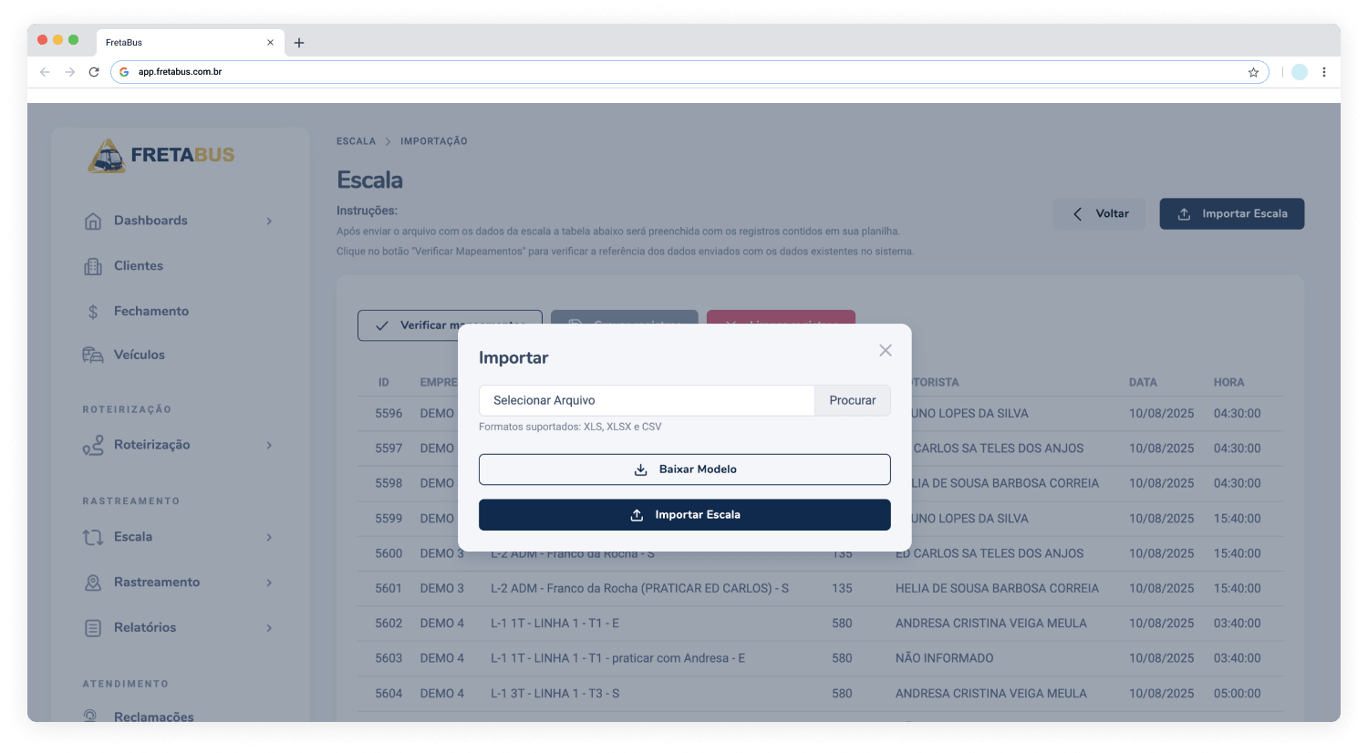 Tela de importação de escala com validação de conflitos.