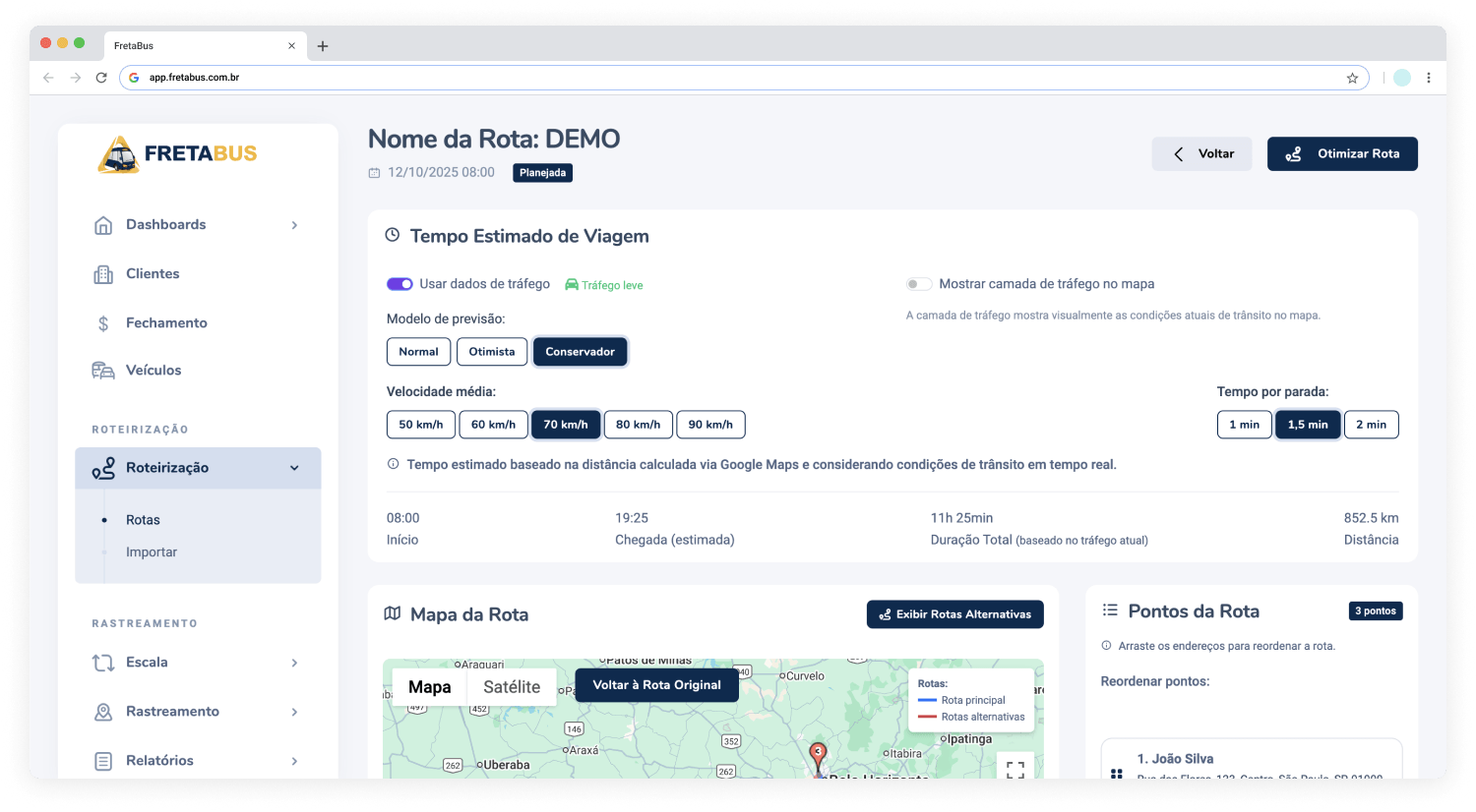 Ferramenta de estudo de roteirização com análise de cenários.